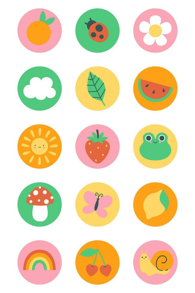 Circle stickers with summer season items. Vector graphics.
