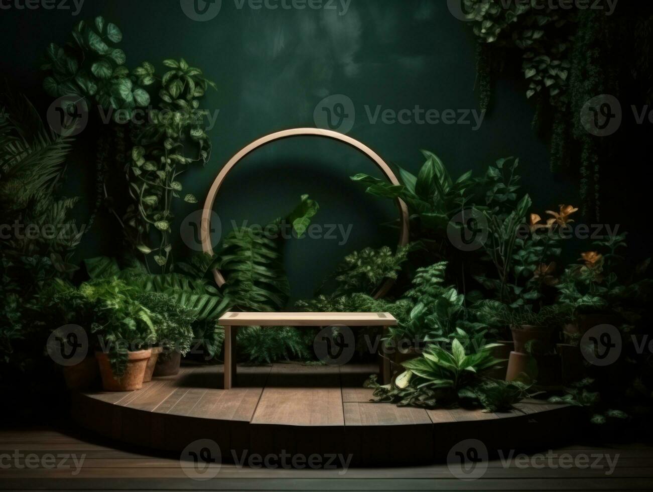 AI Generated Cosmetics product advertising stand. Exhibition wooden podium on green background with leaves and shadows. Empty pedestal to display product packaging. Mockup. Generative AI. photo
