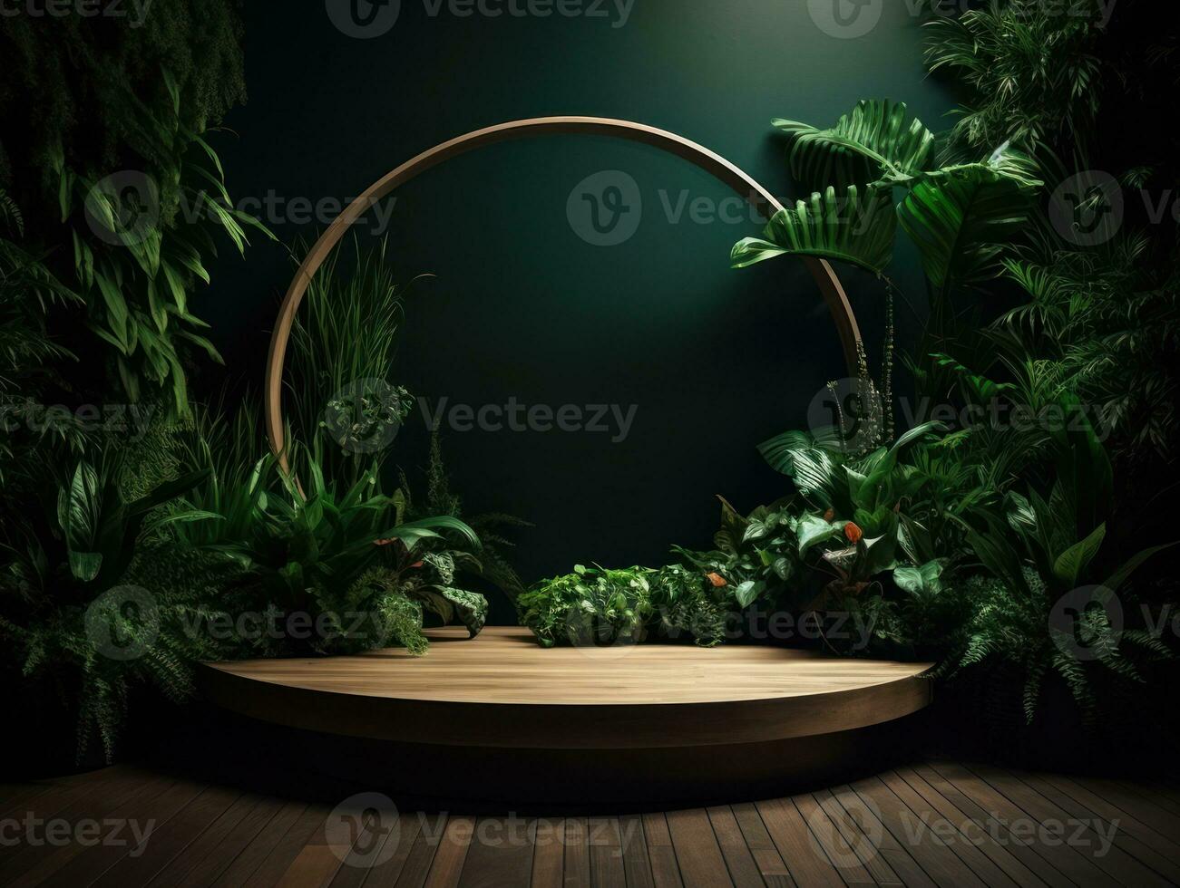 AI Generated Cosmetics product advertising stand. Exhibition wooden podium on green background with leaves and shadows. Empty pedestal to display product packaging. Mockup. Generative AI. photo