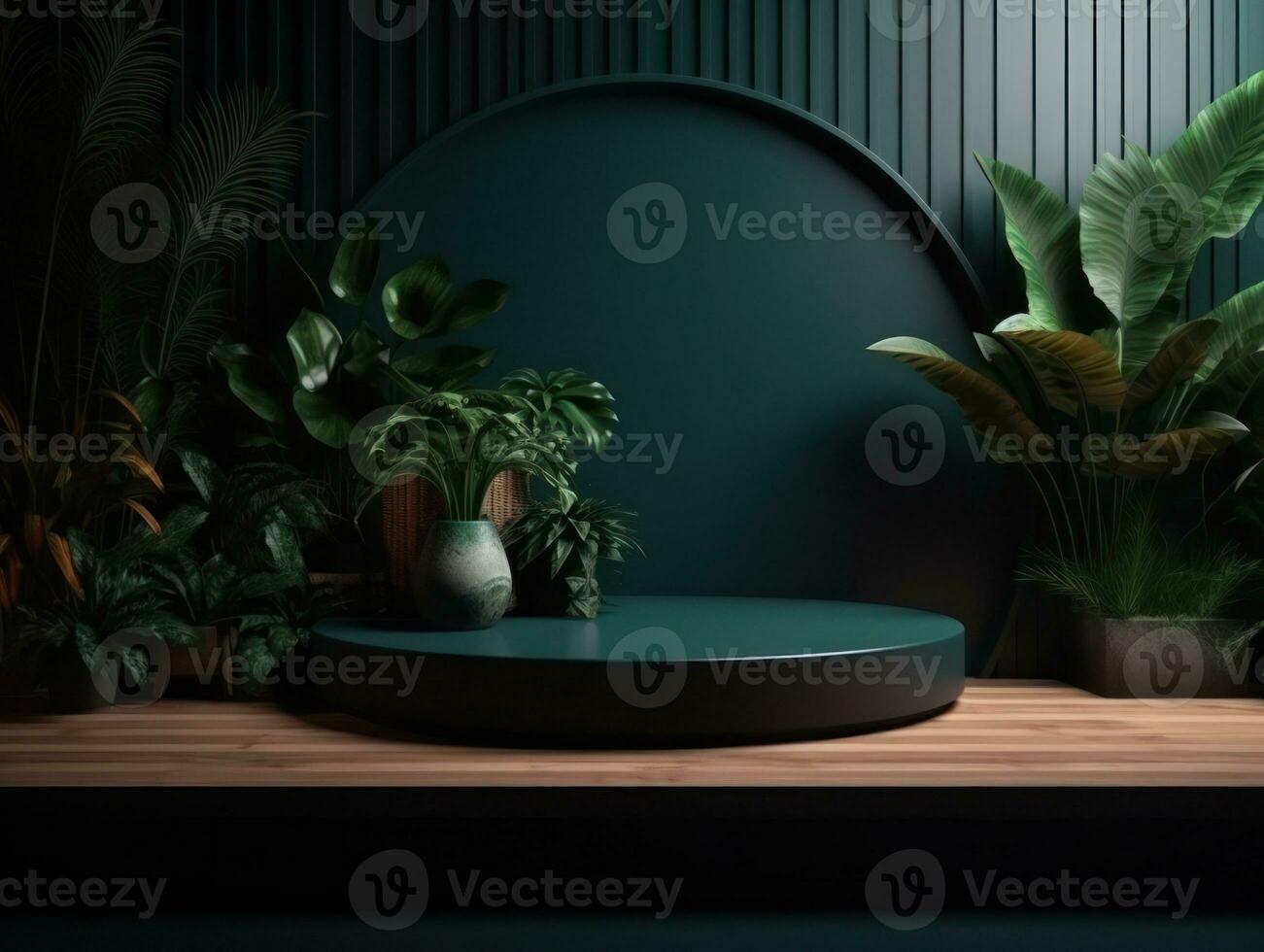 AI Generated Cosmetics product advertising stand. Exhibition wooden podium on green background with leaves and shadows. Empty pedestal to display product packaging. Mockup. Generative AI. photo