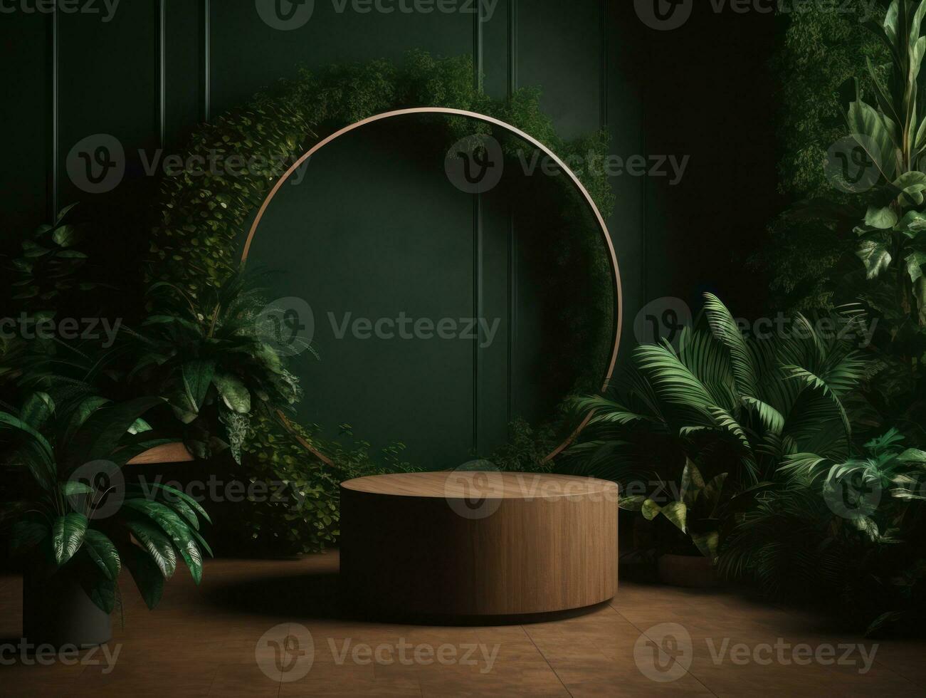 AI Generated Cosmetics product advertising stand. Exhibition wooden podium on green background with leaves and shadows. Empty pedestal to display product packaging. Mockup. Generative AI. photo