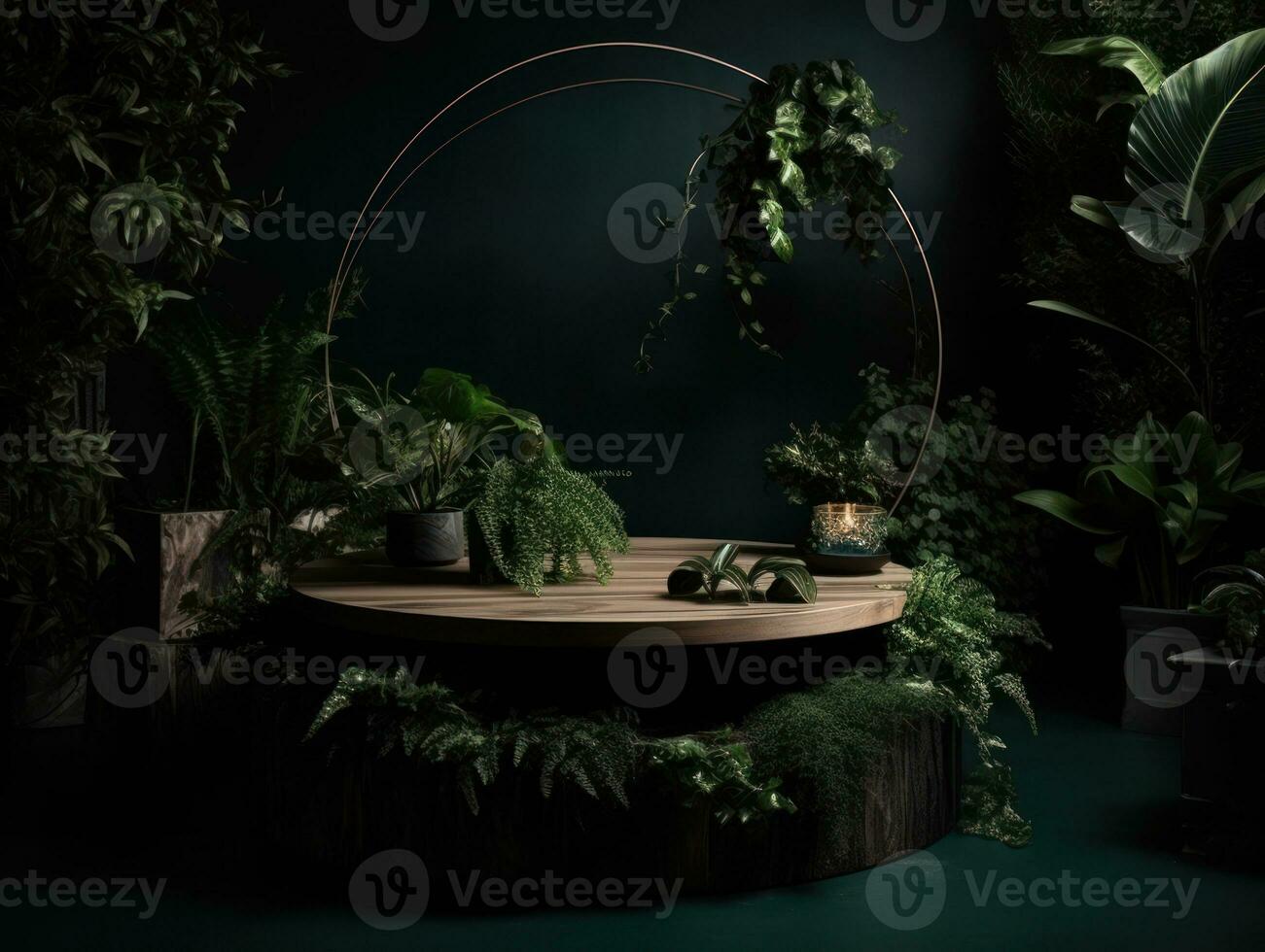 AI Generated Cosmetics product advertising stand. Exhibition wooden podium on green background with leaves and shadows. Empty pedestal to display product packaging. Mockup. Generative AI. photo