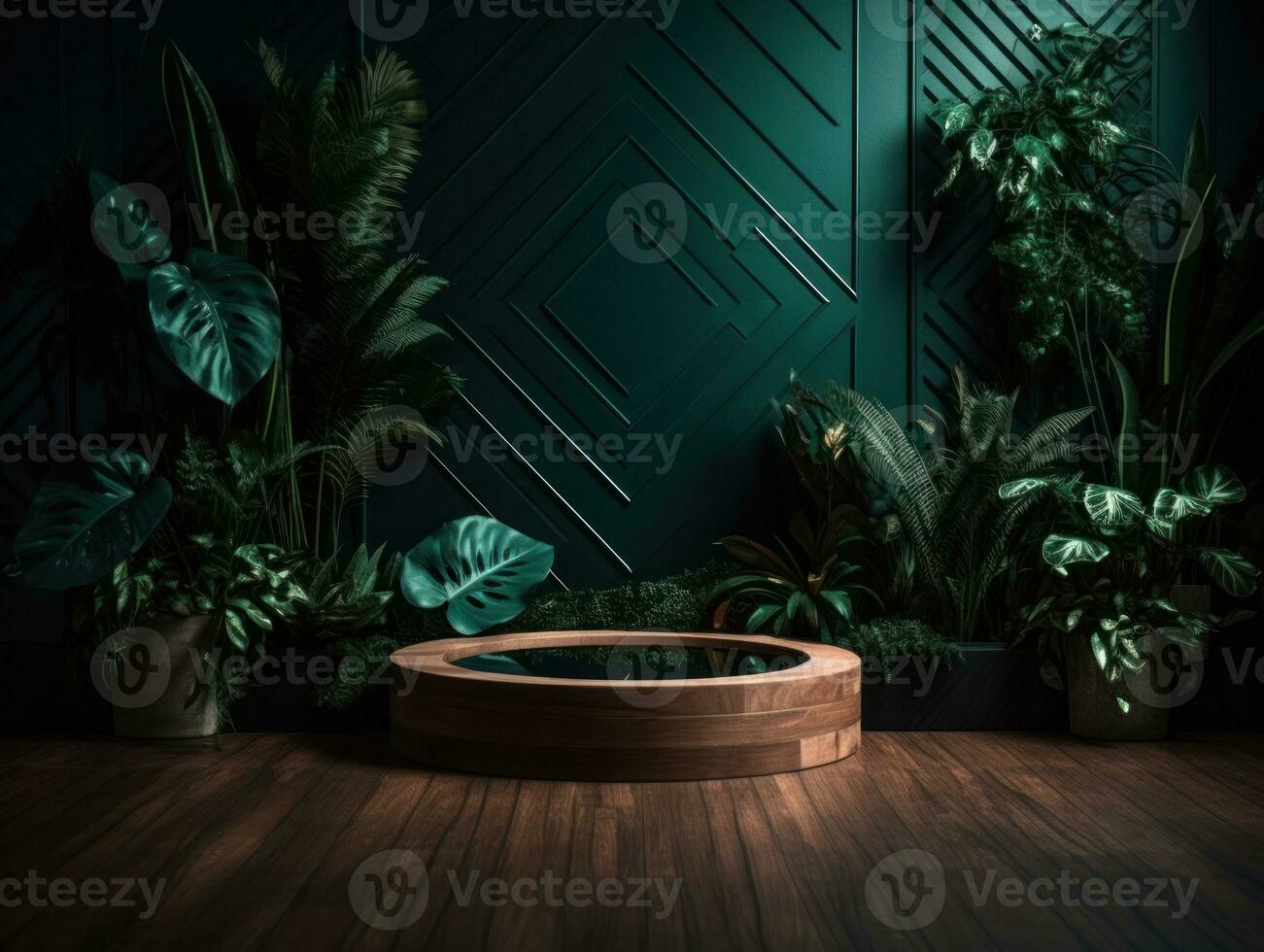 AI Generated Cosmetics product advertising stand. Exhibition wooden podium on green background with leaves and shadows. Empty pedestal to display product packaging. Mockup. Generative AI. photo