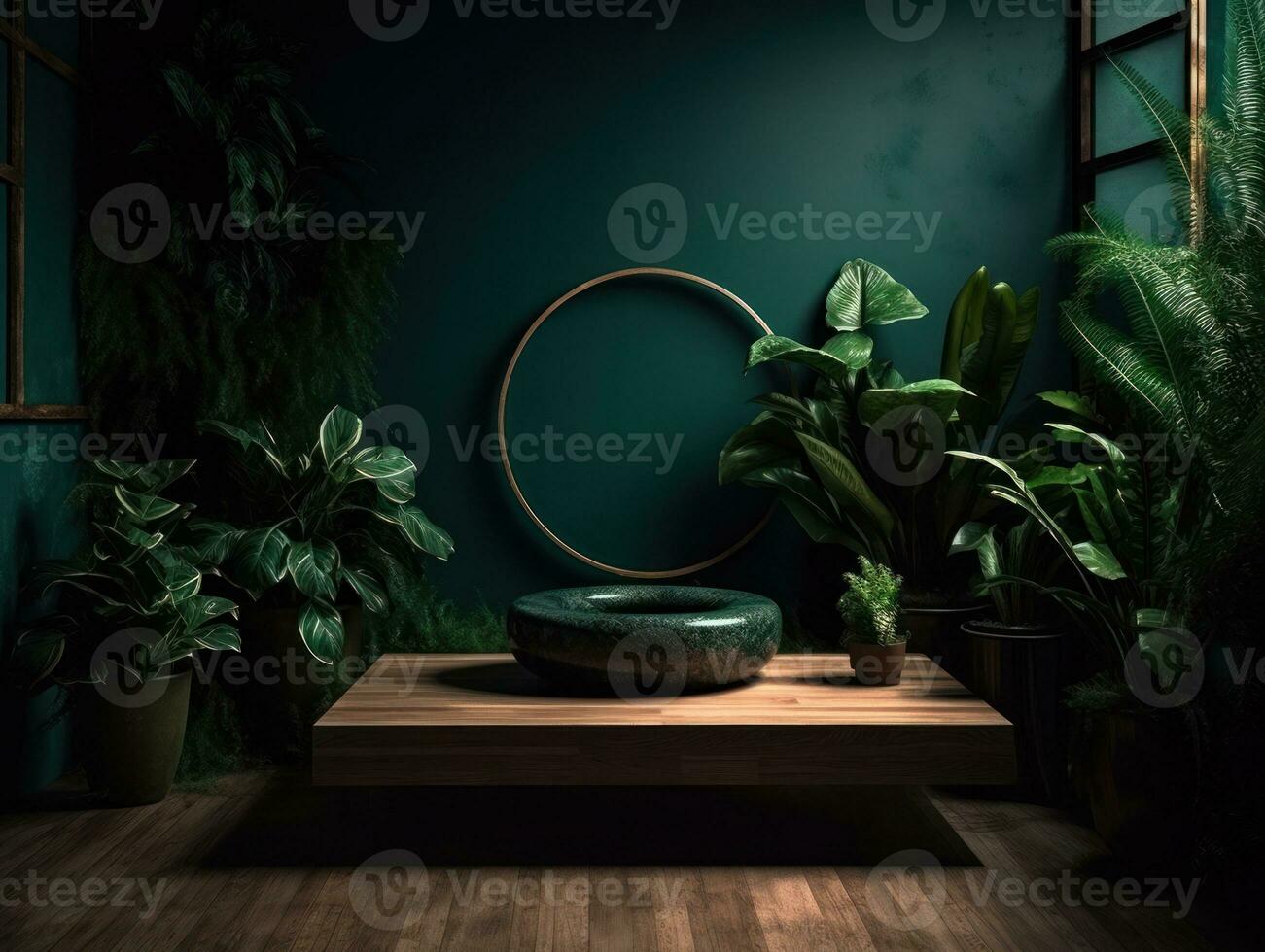 AI Generated Cosmetics product advertising stand. Exhibition wooden podium on green background with leaves and shadows. Empty pedestal to display product packaging. Mockup. Generative AI. photo