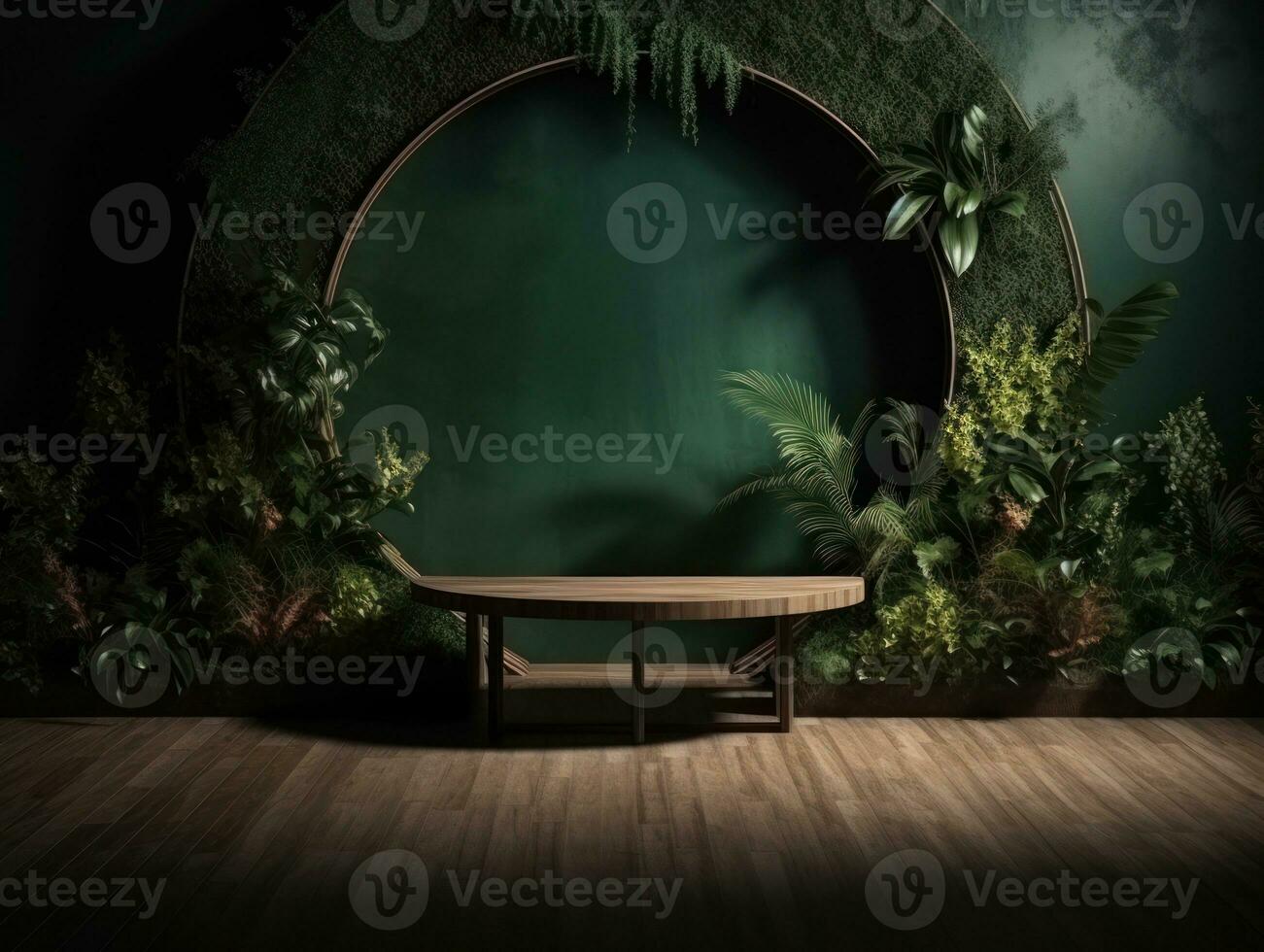 AI Generated Cosmetics product advertising stand. Exhibition wooden podium on green background with leaves and shadows. Empty pedestal to display product packaging. Mockup. Generative AI. photo