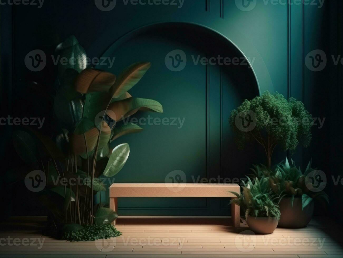 AI Generated Cosmetics product advertising stand. Exhibition wooden podium on green background with leaves and shadows. Empty pedestal to display product packaging. Mockup. Generative AI. photo