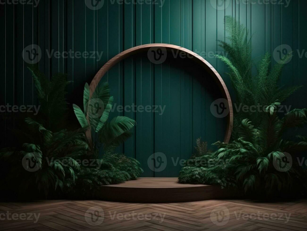AI Generated Cosmetics product advertising stand. Exhibition wooden podium on green background with leaves and shadows. Empty pedestal to display product packaging. Mockup. Generative AI. photo