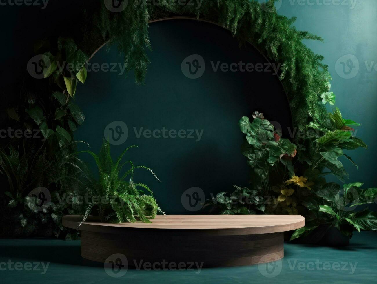 AI Generated Cosmetics product advertising stand. Exhibition wooden podium on green background with leaves and shadows. Empty pedestal to display product packaging. Mockup. Generative AI. photo