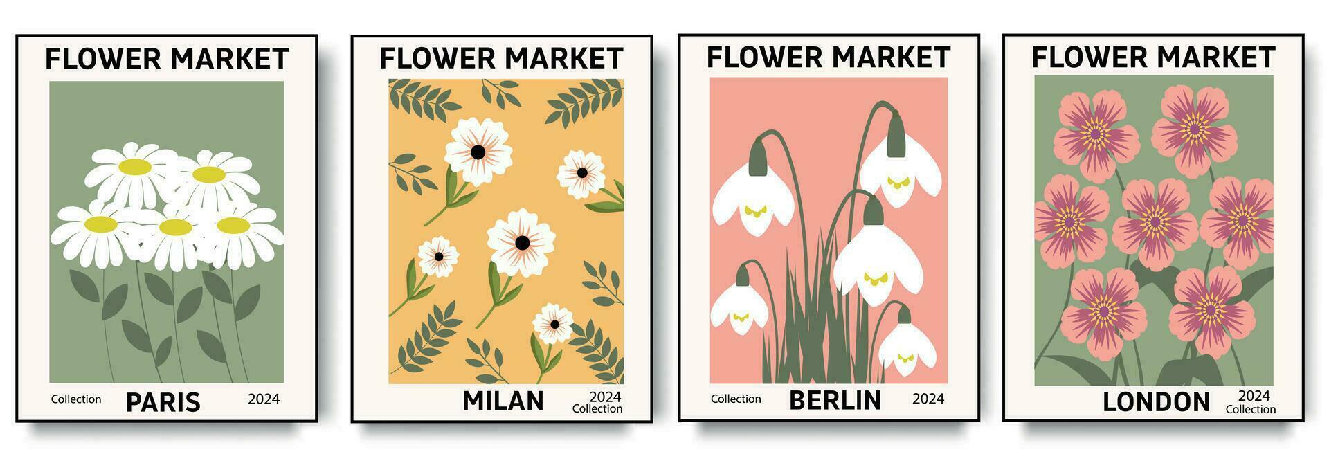 Set 1970 flowers market poster. Trendy botanical wall arts with floral design in bright colors. Modern naive groovy funky interior decorations, paintings. Vector art illustration.