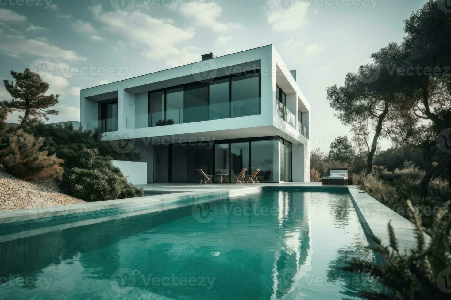 AI Generated Design house modern villa with open plan living and private bedroom wing. Large terrace with privacy and, swimming pool. Generative AI. photo