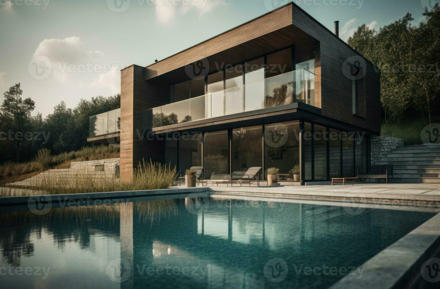 AI Generated Design house modern villa with open plan living and private bedroom wing. Large terrace with privacy and, swimming pool. Generative AI. photo