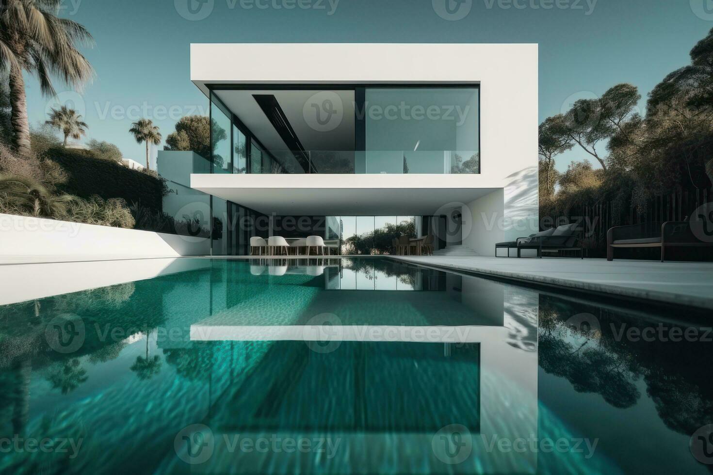 AI Generated Design house modern villa with open plan living and private bedroom wing. Large terrace with privacy and, swimming pool. Generative AI. photo