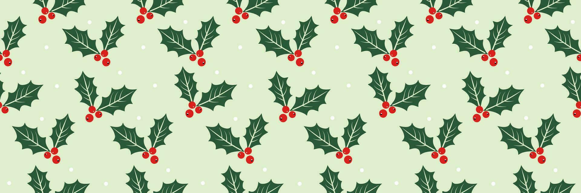 Christmas holly berries seamless pattern on green background. vector