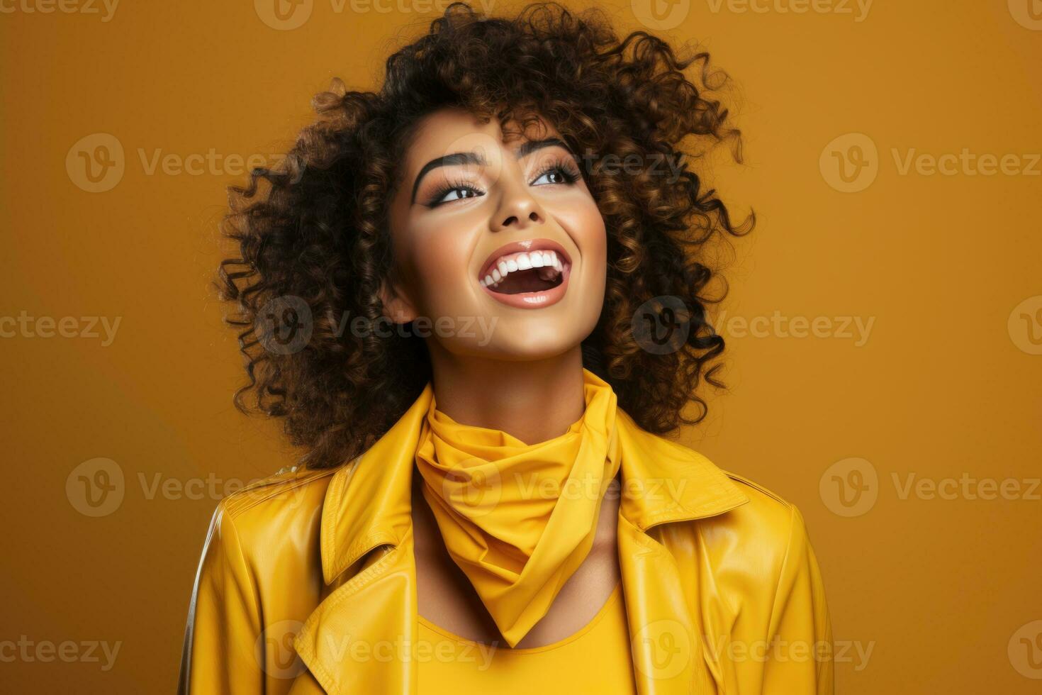 AI generated Excited female model smiling happily on beige background. AI Generated photo