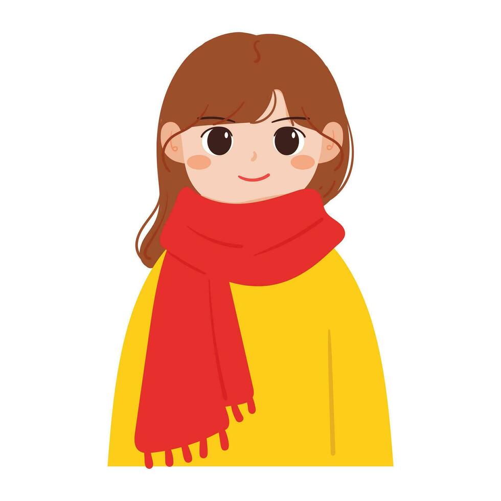 mano dibujo dibujos animados niña vistiendo bufanda en invierno día. invierno atuendo. linda niña pegatina vector