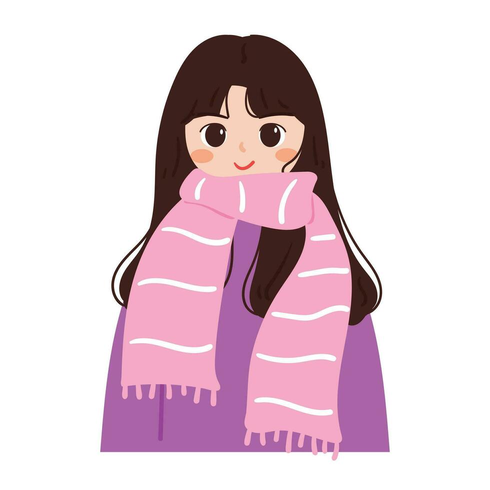 hand drawing cartoon girl wearing scarf in winter day. winter outfit. cute girl sticker vector