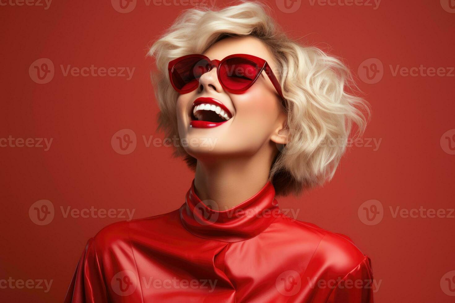 AI generated Excited female model smiling happily on beige background. AI Generated photo