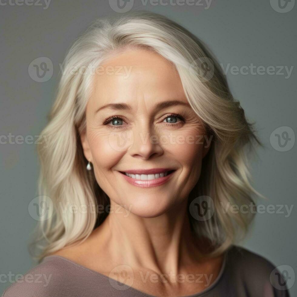 Beautiful gorgeous 50s mid aged mature woman looking at camera isolated on gray. AI Generated photo