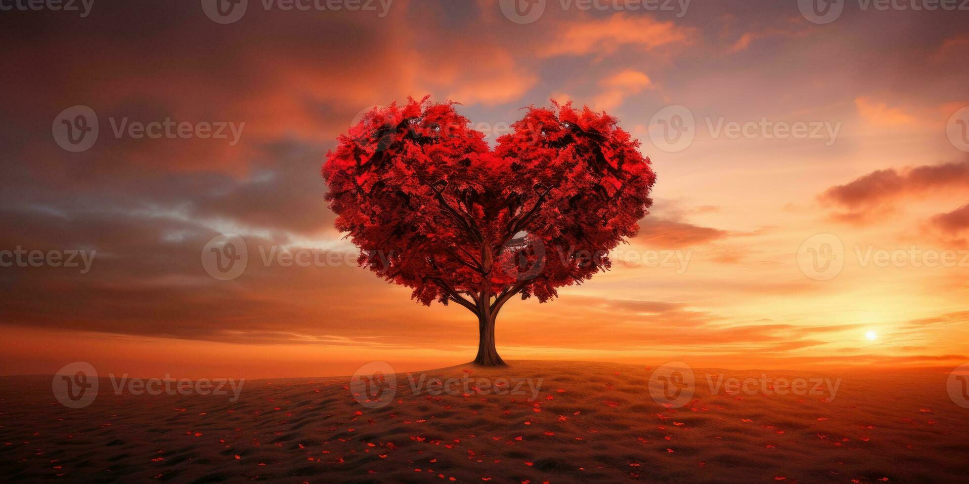 Red Heart Shaped Tree on sunset. AI Generated photo