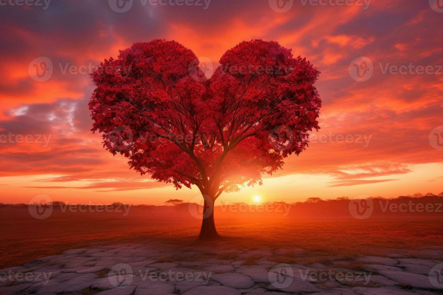 Red Heart Shaped Tree on sunset. AI Generated photo