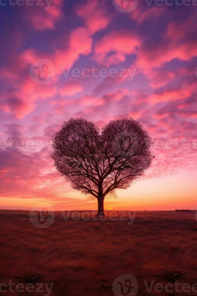 Pink Heart Shaped Tree on sunset. AI Generated photo