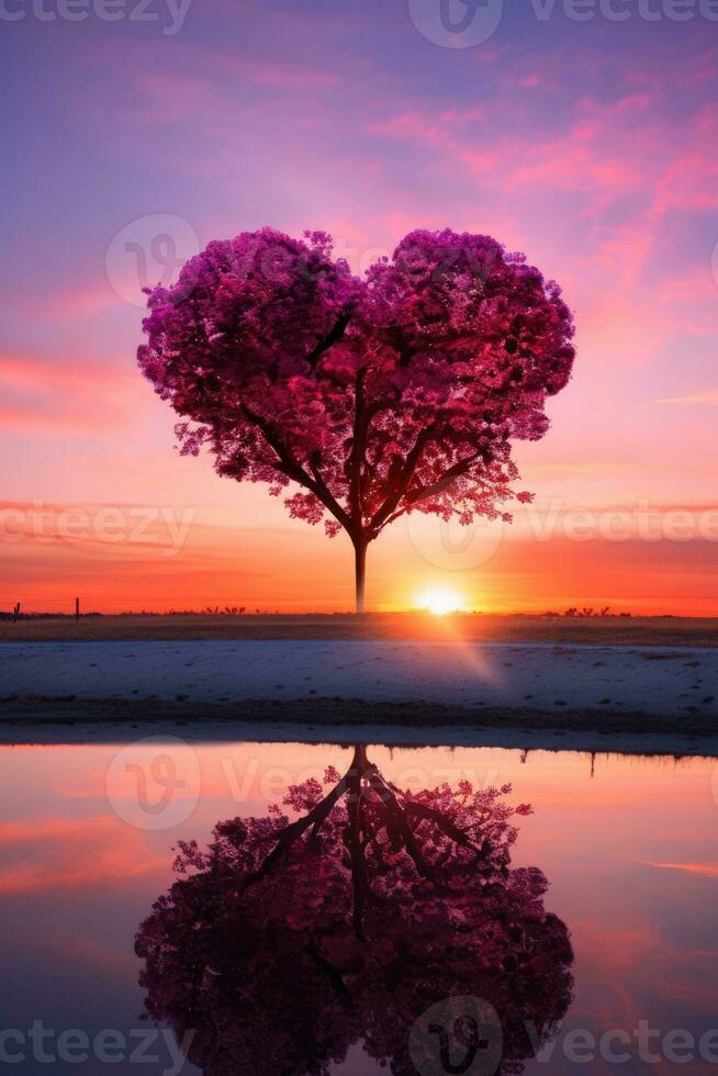 Pink Heart Shaped Tree on sunset. AI Generated photo