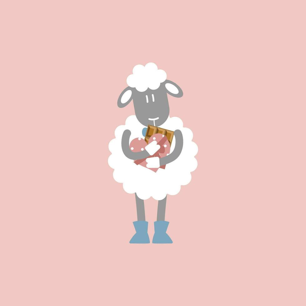 cute and lovely sheep with heart chocolate bar, happy valentine's day, love concept, flat vector illustration cartoon character costume design