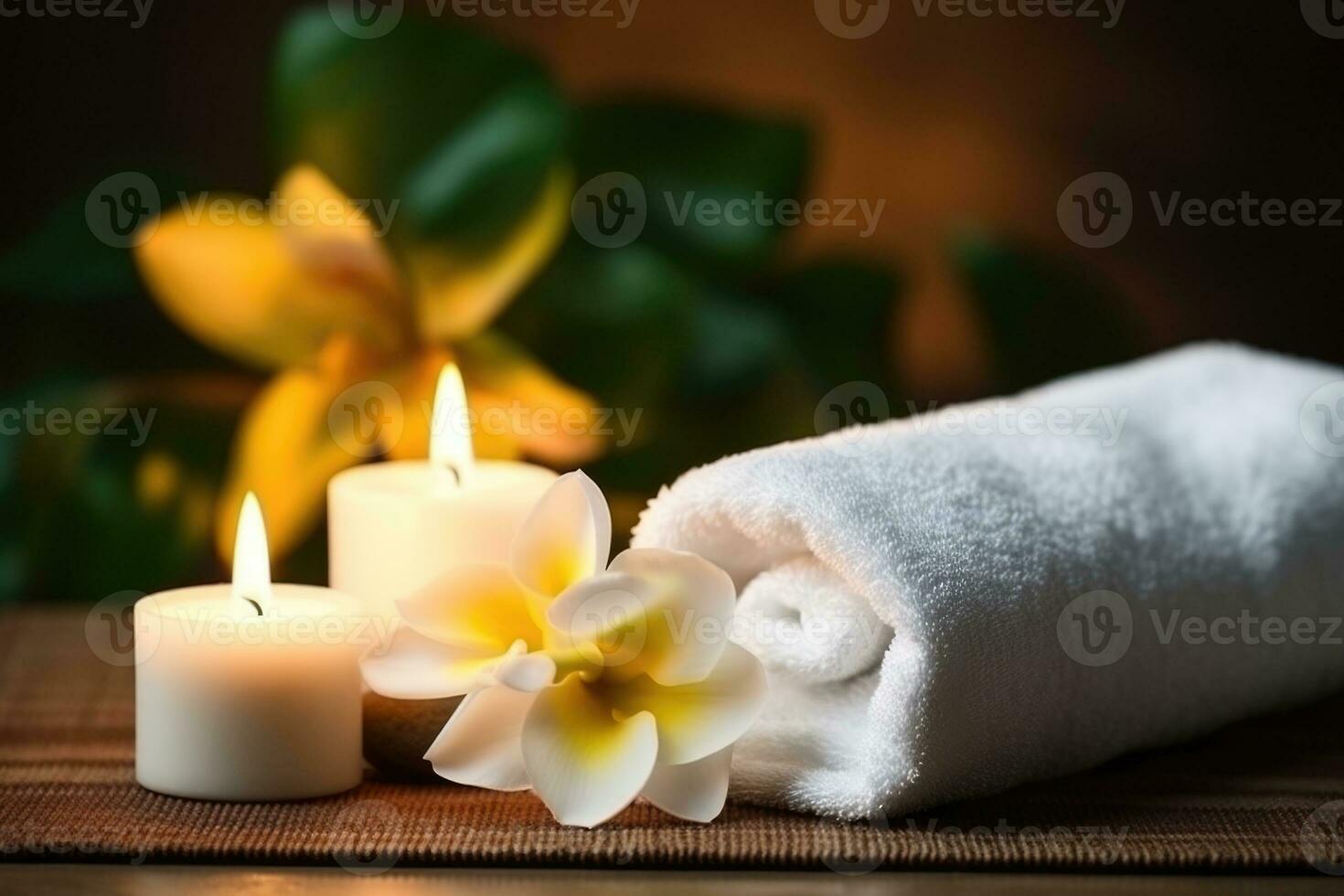 Beautiful spa composition on massage table. AI Generated photo