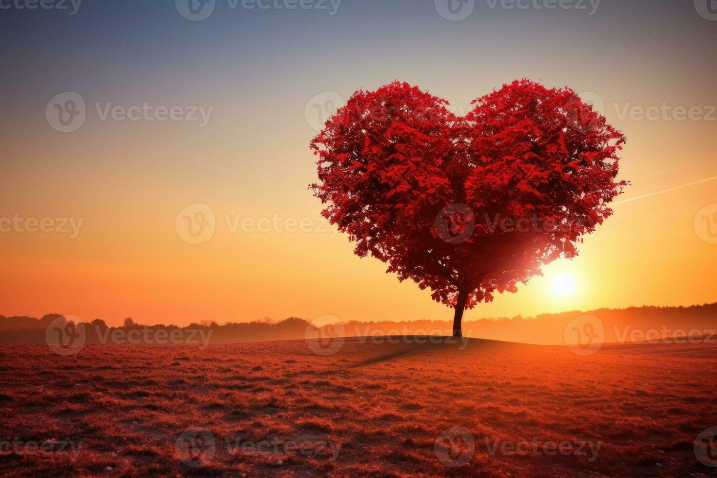 Red Heart Shaped Tree on sunset. AI Generated photo