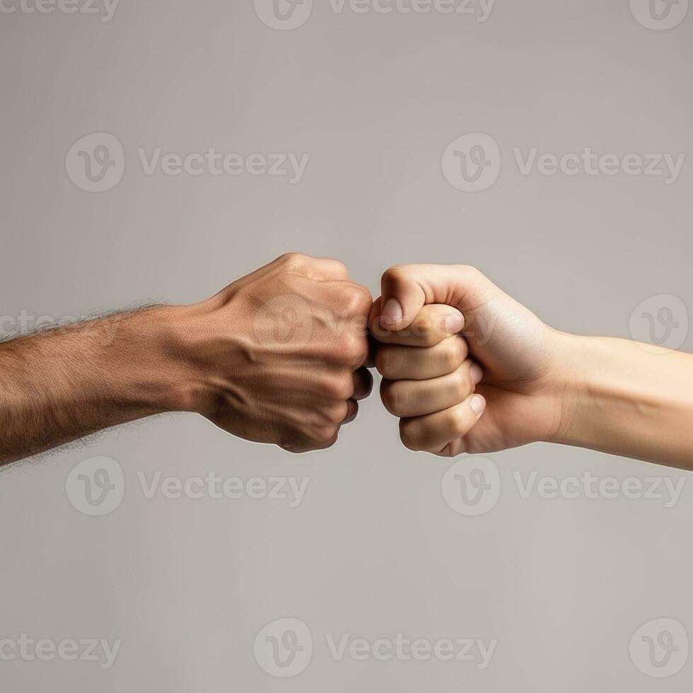 Closeup of two arms different race skin colors multinational friends giving fist bump. AI Generated photo