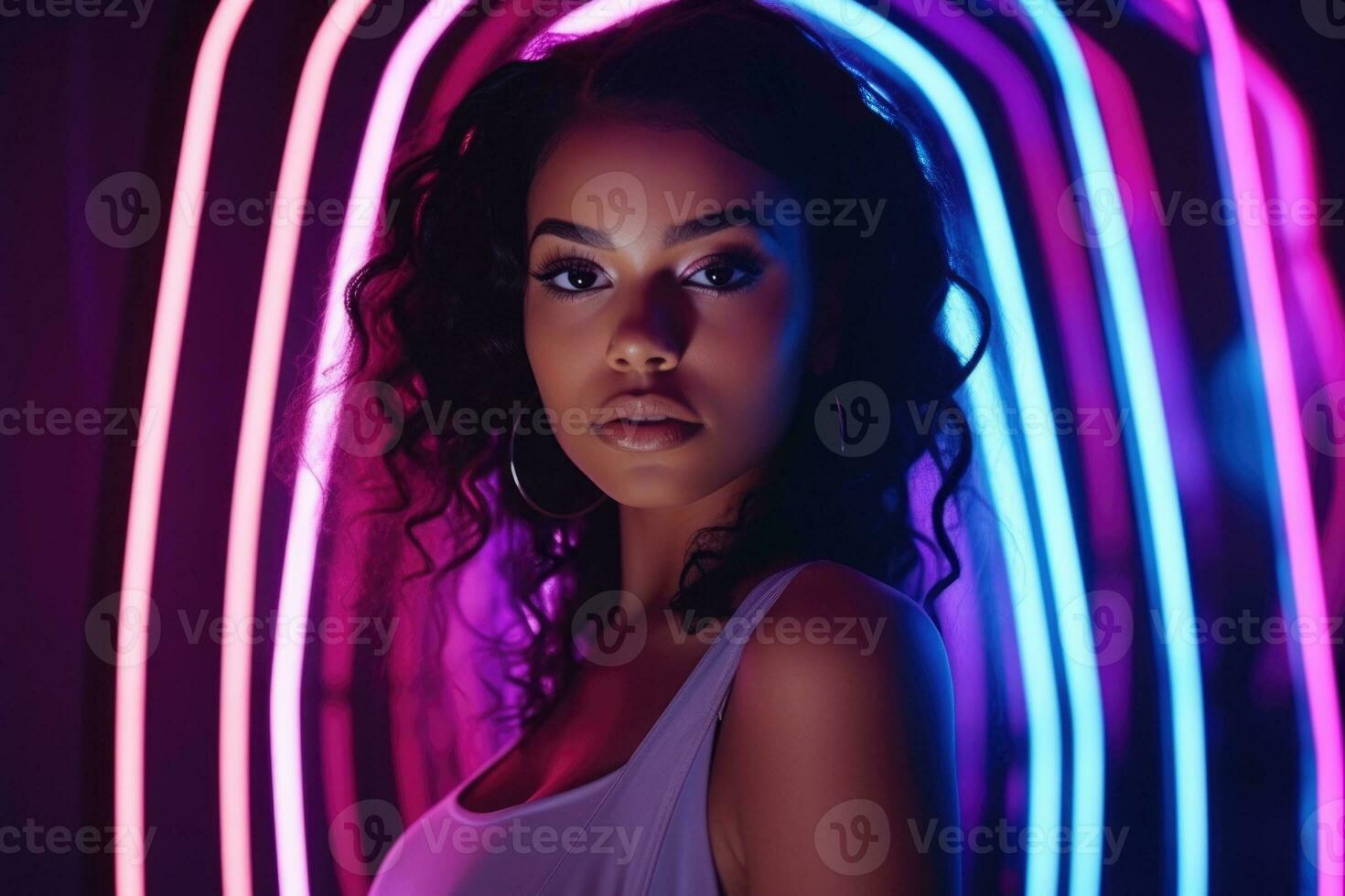portrait of young african american woman in neon light. AI Generated photo