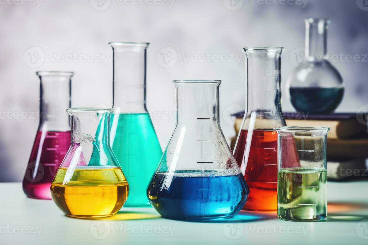 laboratorio equipo vasos de precipitados y matraz con iluminar desde el fondo en diferente grupo. ai generado foto