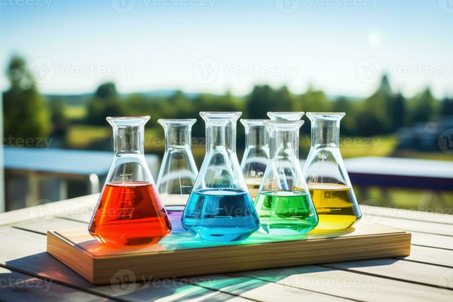 Laboratory equipment beakers and flask with backlight in different group. AI Generated photo