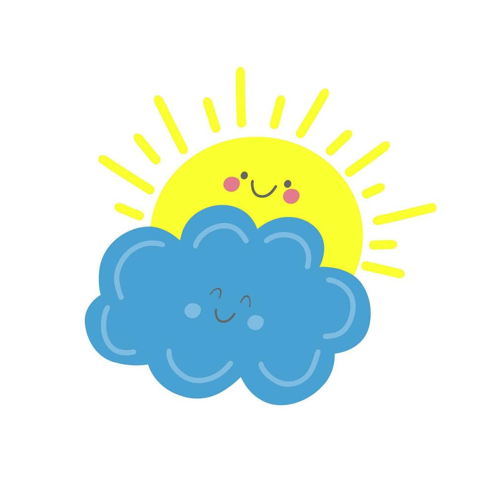 Happy sun with a cloud. Cute hand drawn vector illustration.
