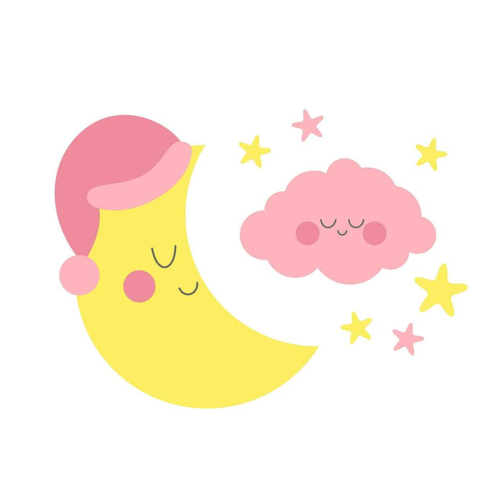 Sleepy moon with pink cloud and pink stars for girl baby room