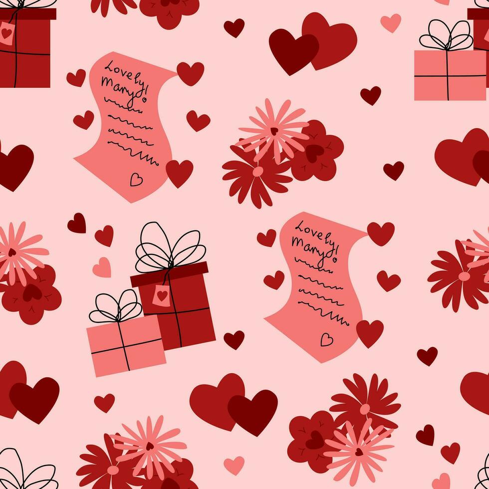 Seamless pattern Valentine's day hearts gifts candy vector illustration