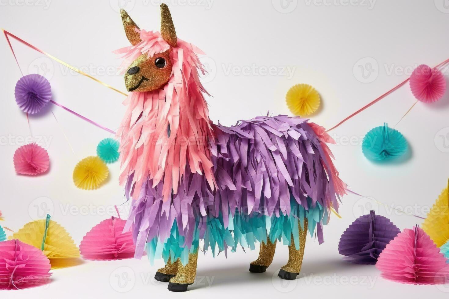 Bright colorful donkey pinata on light background. AI Generated photo