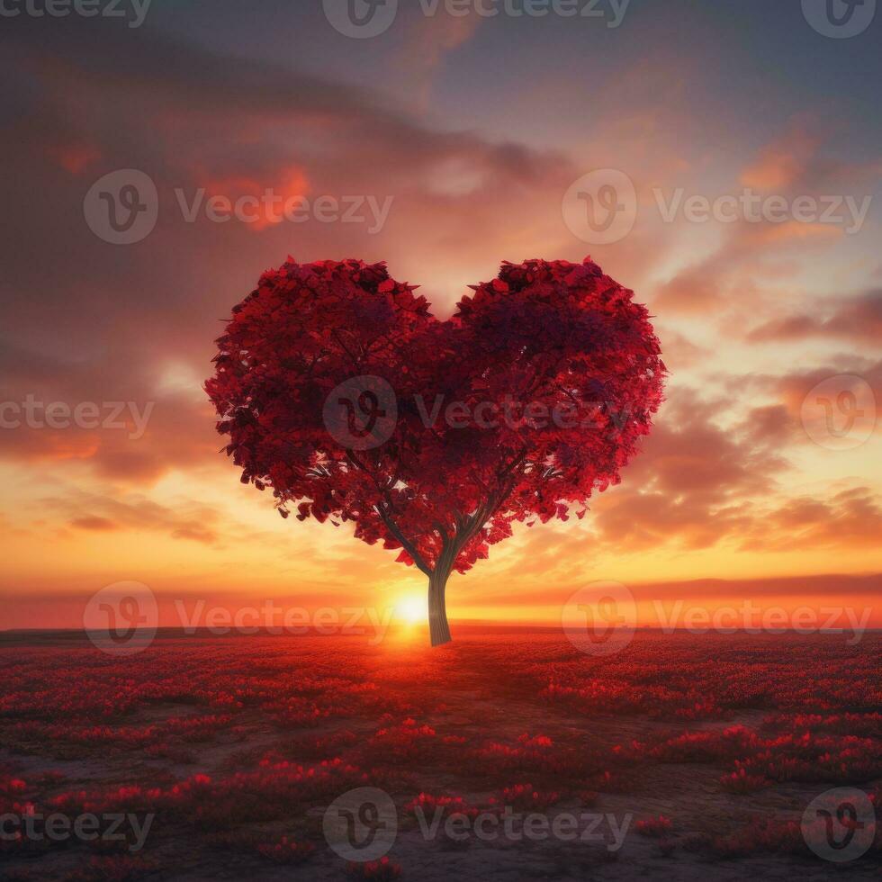 Red Heart Shaped Tree on sunset. AI Generated photo