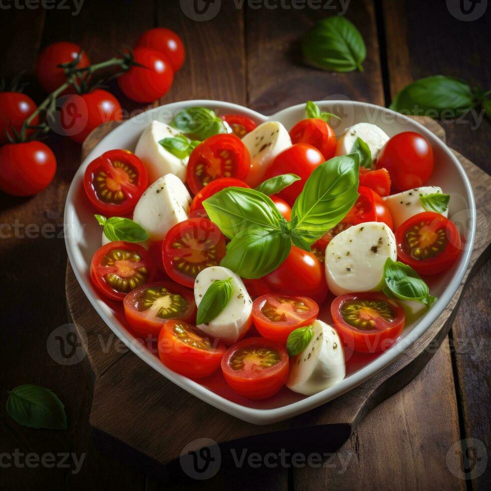 Heart shaped Caprese Salad. AI Generated photo