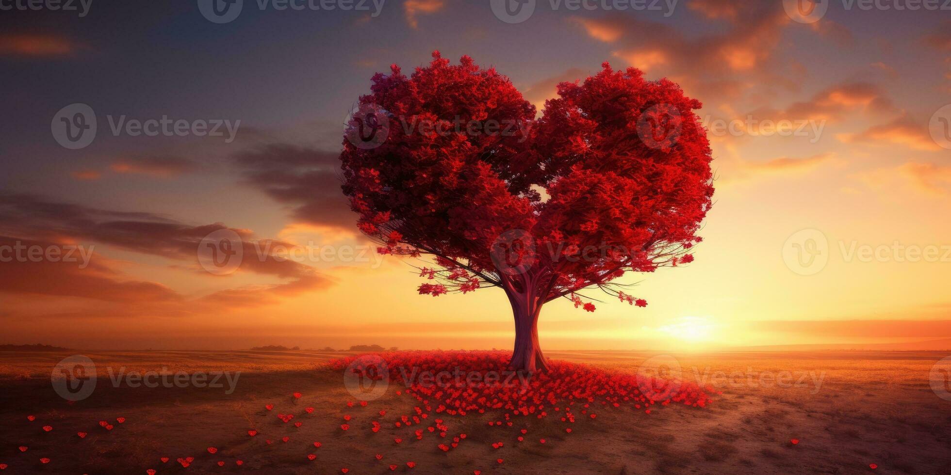 Red Heart Shaped Tree on sunset. AI Generated photo
