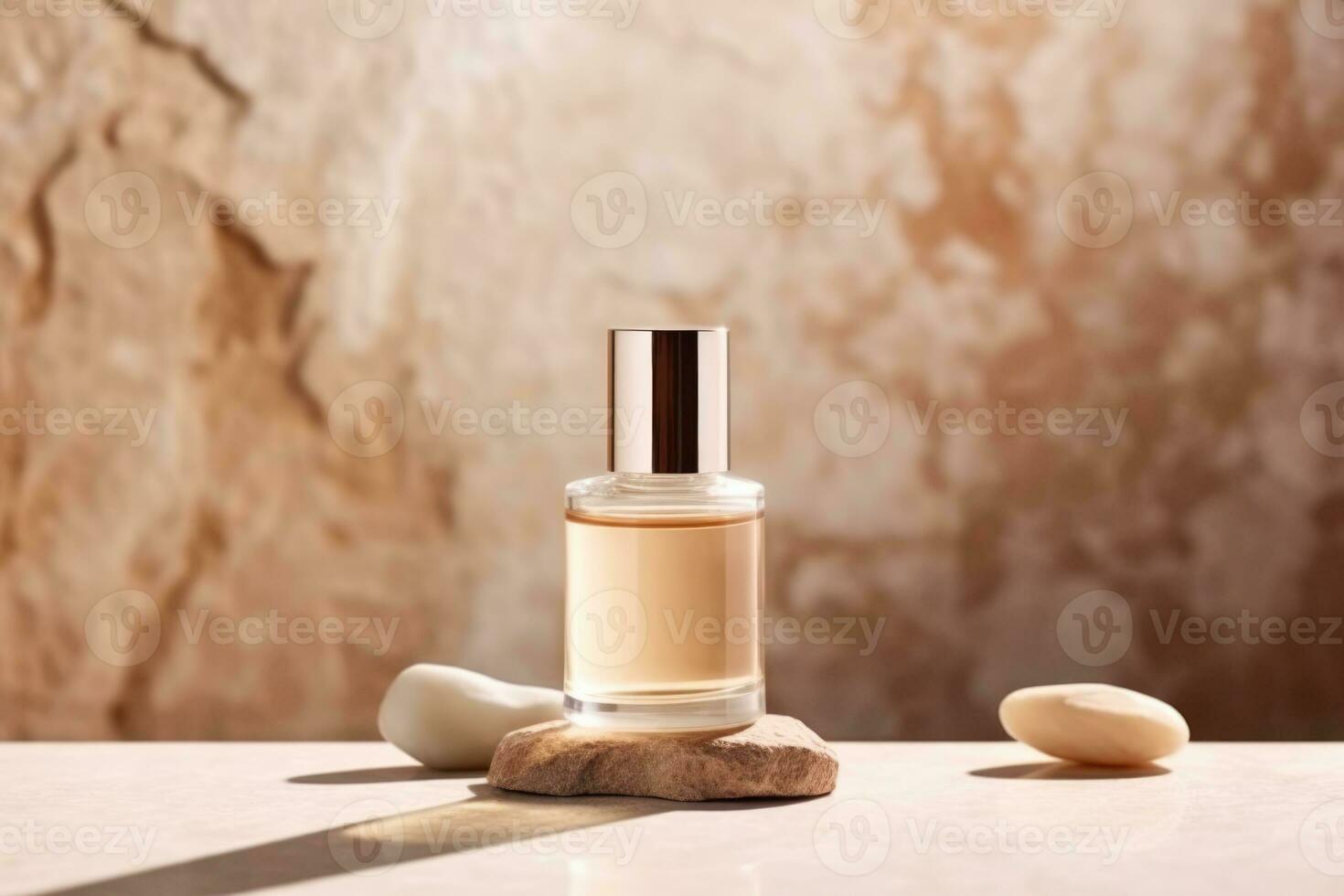 glass Cosmetic bottle on stone podium beige background with copy space. AI Generated photo