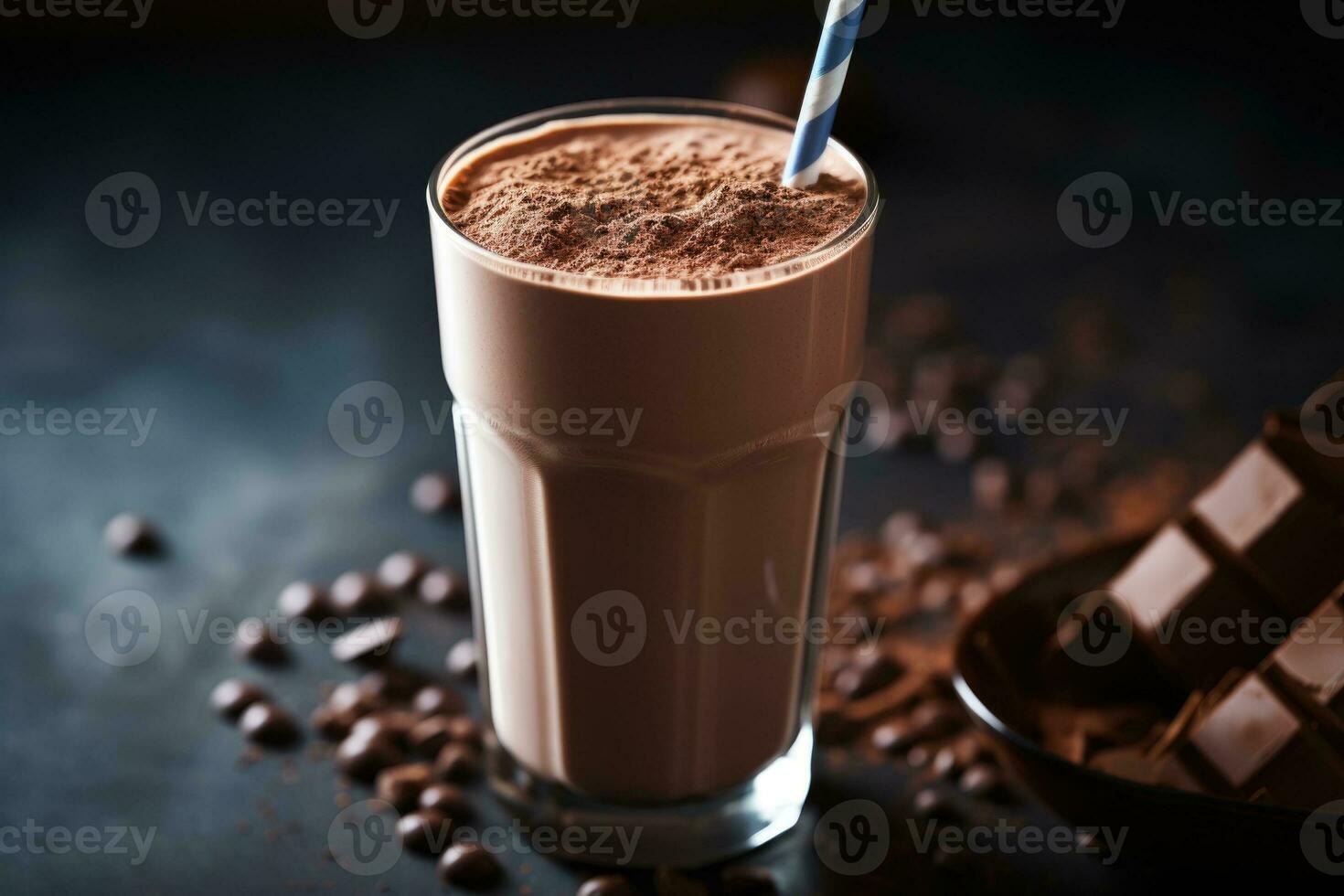 Healthy chocolate protein shake drink with straw, and protein powder. AI Generated photo