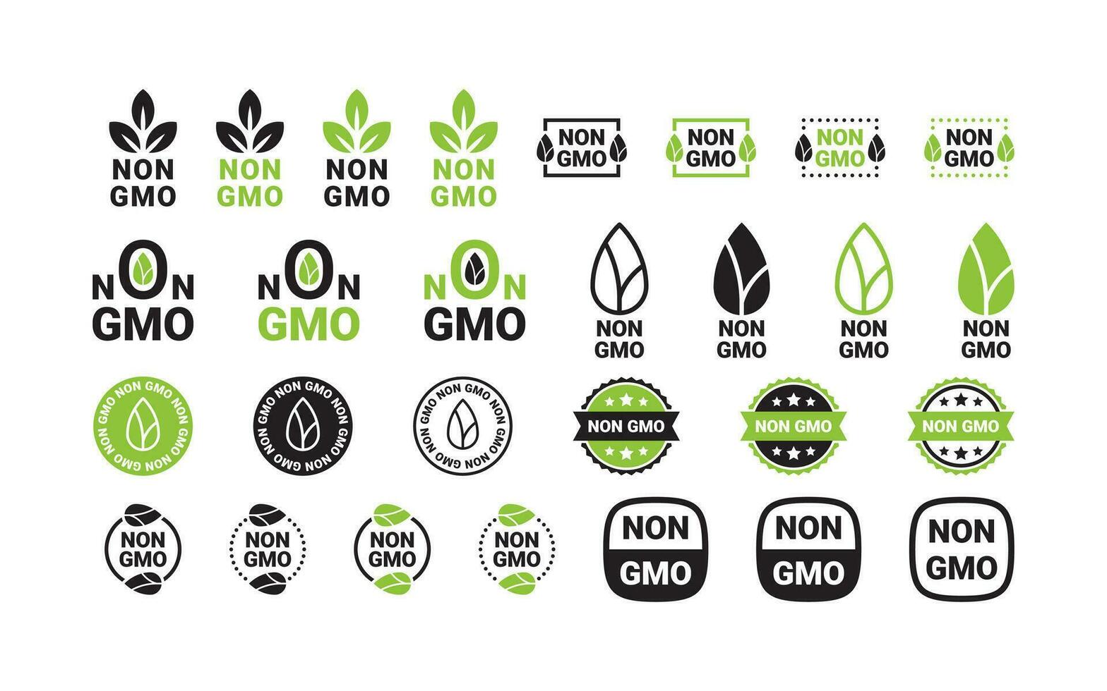 Non GMO icons set. GMO free. Natural and organic products. Vector scalable graphics