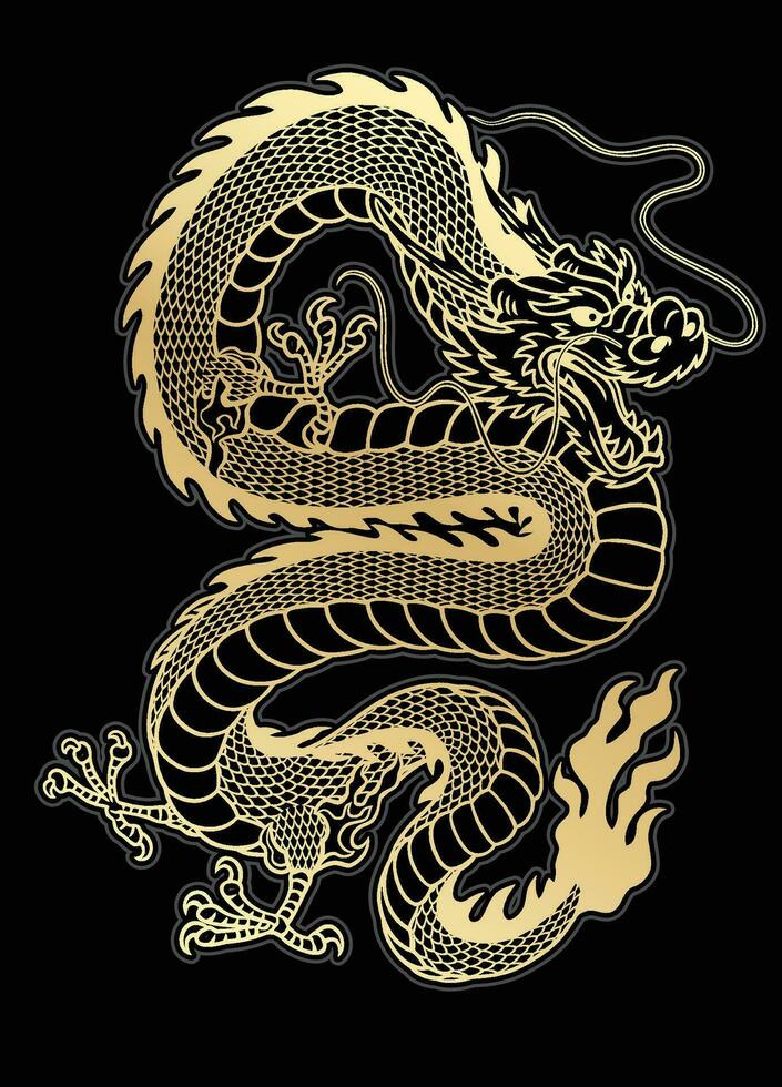 Traditional Golden Asian Dragon Illustration on Black Background vector