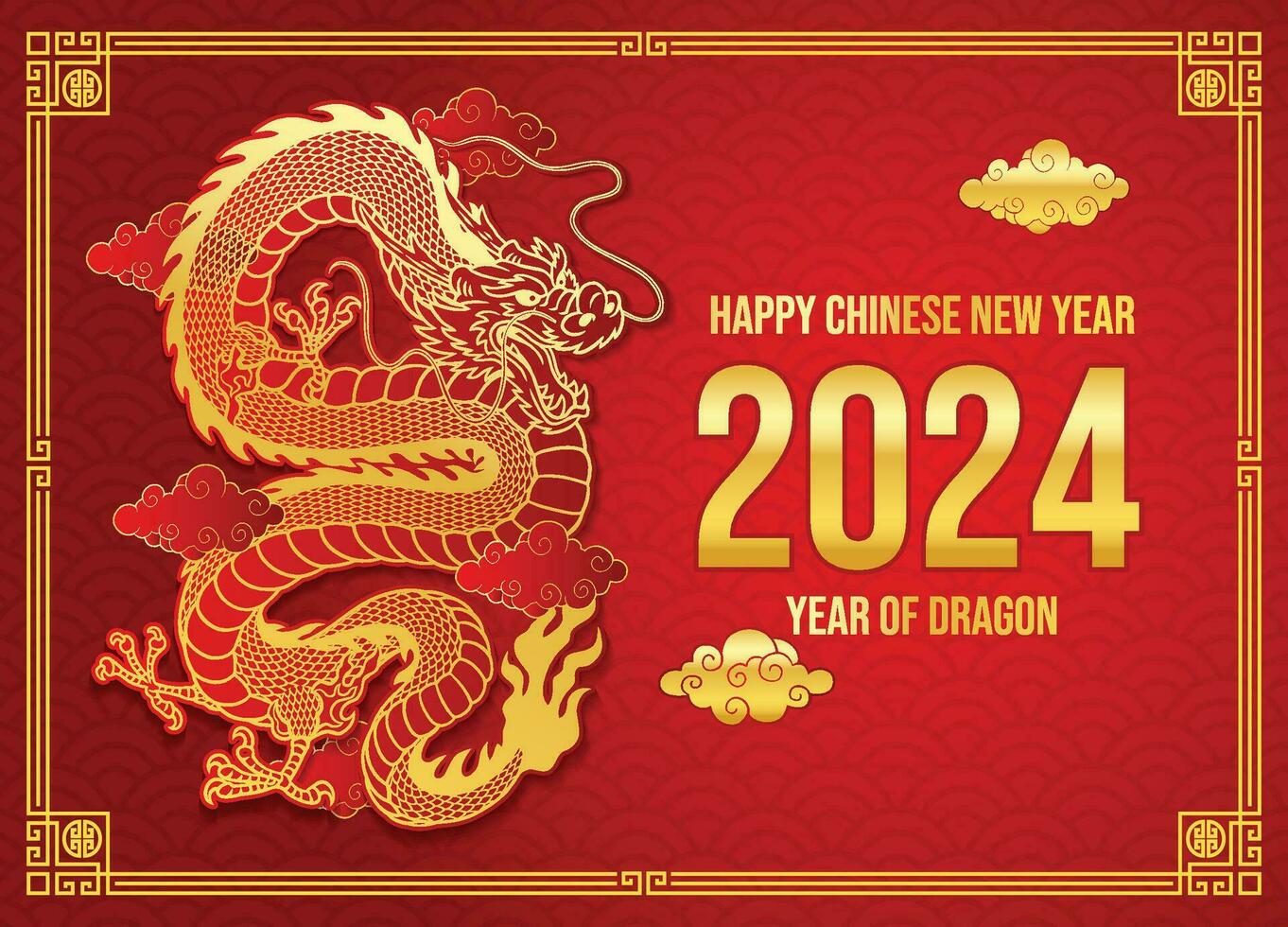 Chinese New Year 2024 Year of Dragon with Red and Gold Asian Element vector