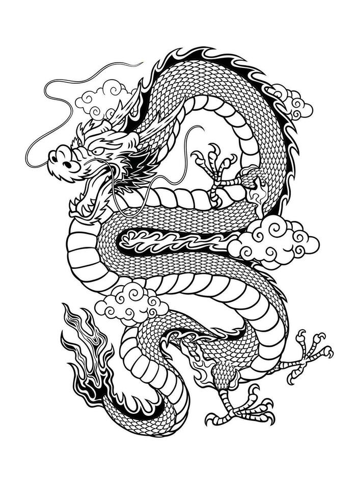 Hand Drawn Asian Dragon Tattoo Illustration on White Background vector