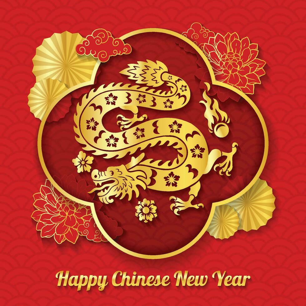 Happy Chinese New Year with Realistic Gold Dragon, Frame, and Ornament vector
