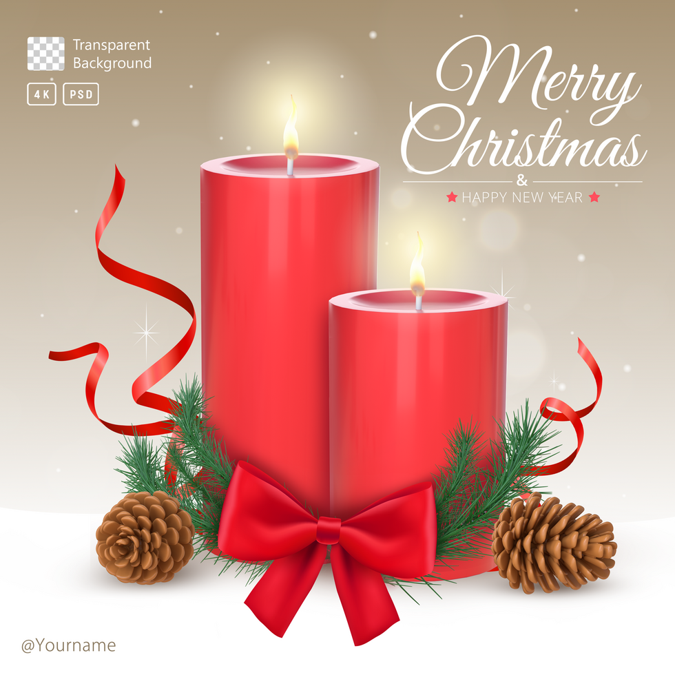 Merry Christmas Card Template With 3D Rendering Red Christmas Candles With Red Bow And Christmas Mistletoe psd