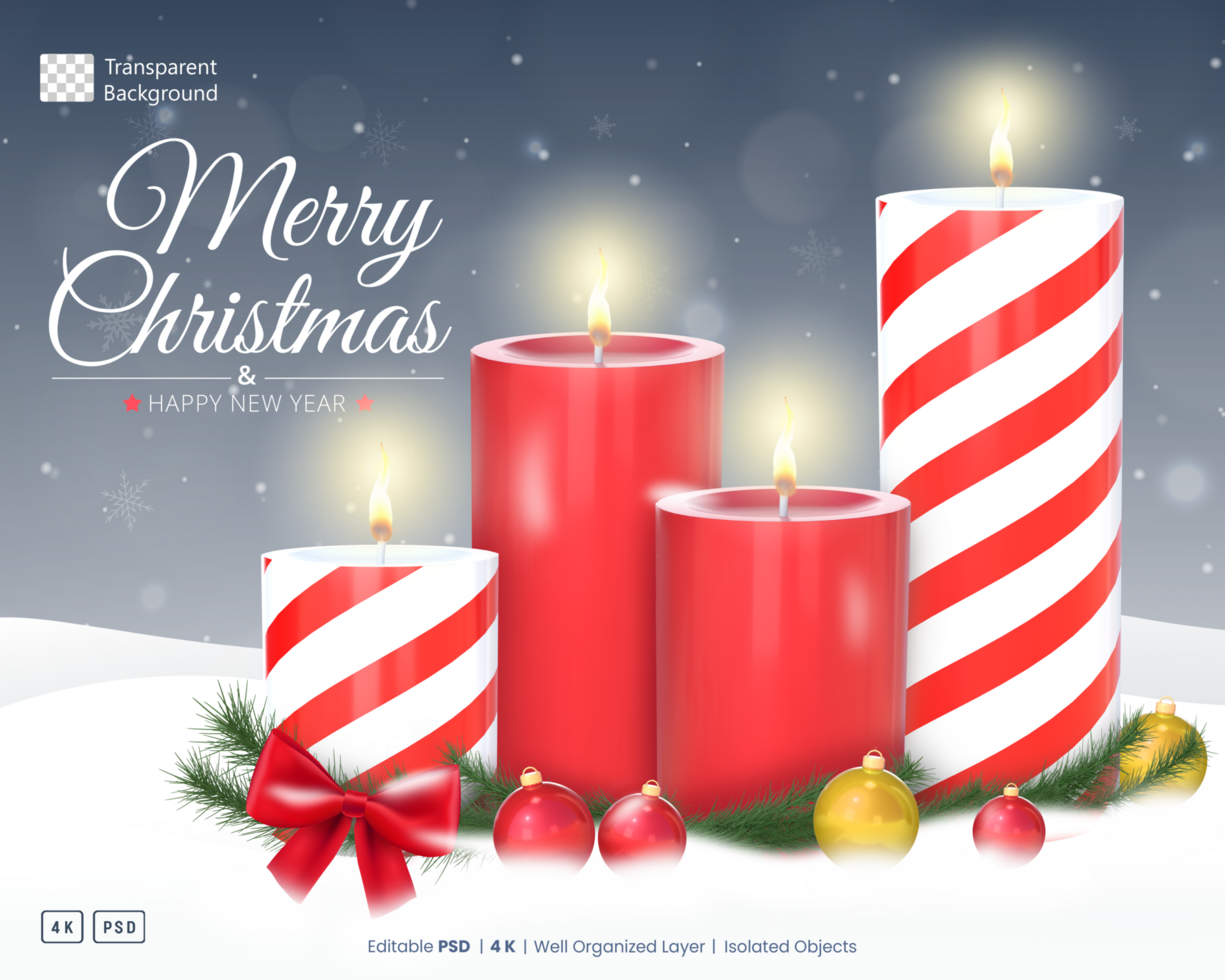Merry Christmas Card Template With 3D Rendering Christmas Candles With Red Bow And Christmas Mistletoe psd