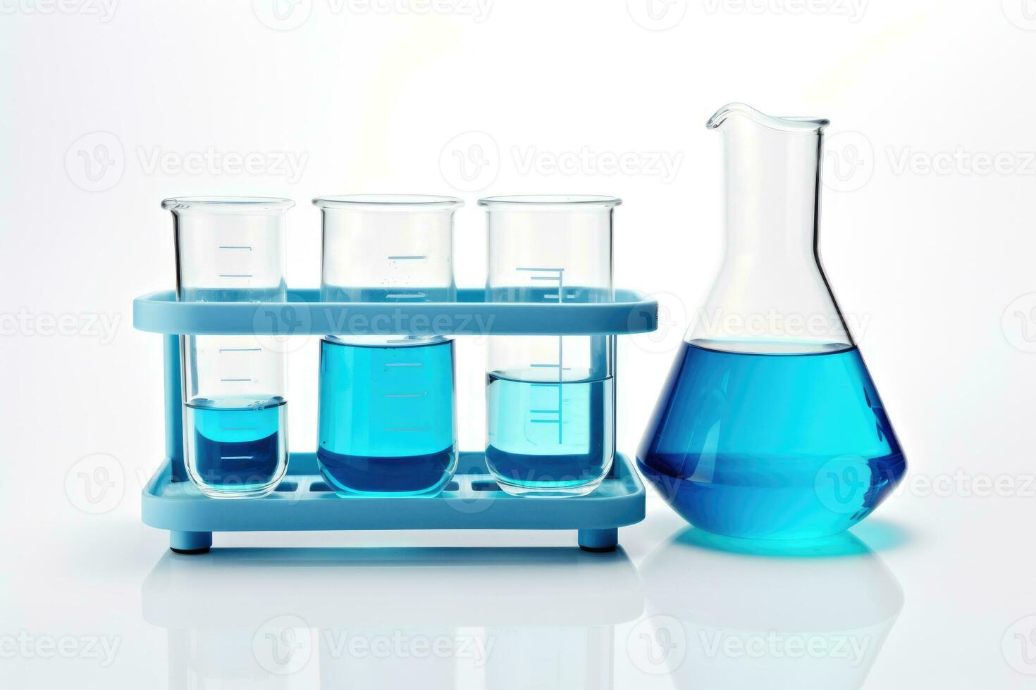 Laboratory equipment beakers and flask with backlight in different group. AI Generated photo